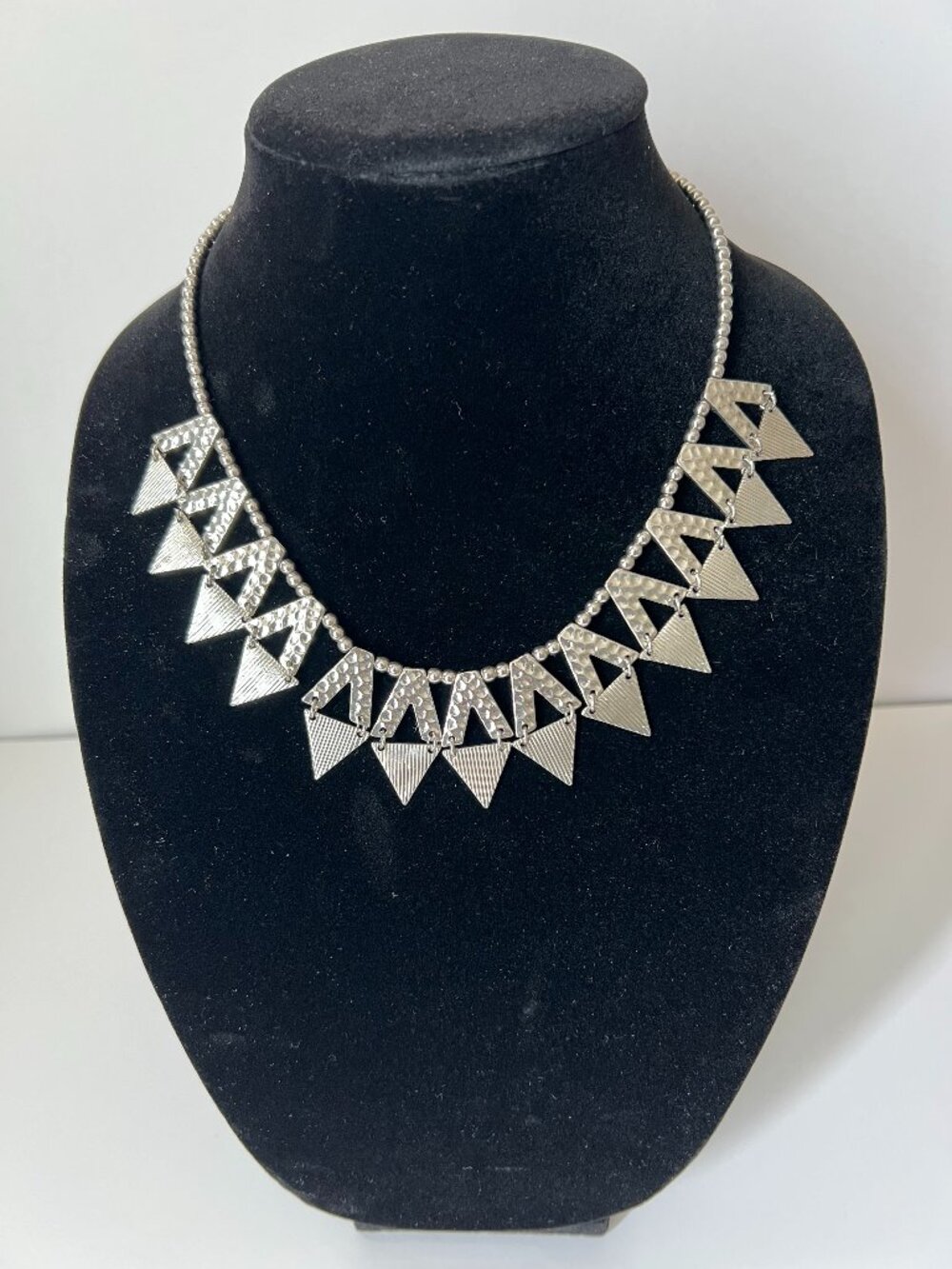 Silver Geometric Statement Necklace | Boho Tribal Triangle Fringe Bib Necklace